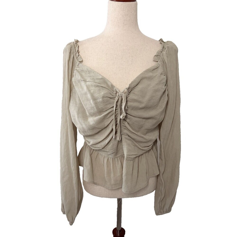 Celebrity Pink Women’s L Ruched Tie Front Peplum Blouse Green Stretch Bohemian